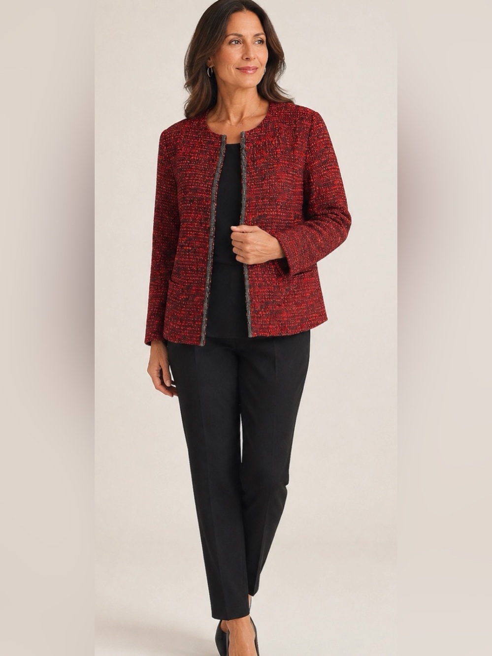Chico’s Tweed Jacket Size 2 Red Black Beaded Trim Open Front Blazer